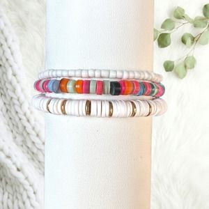 Stacked Colorful Beaded White and Gold Bracelets- Set of 3
